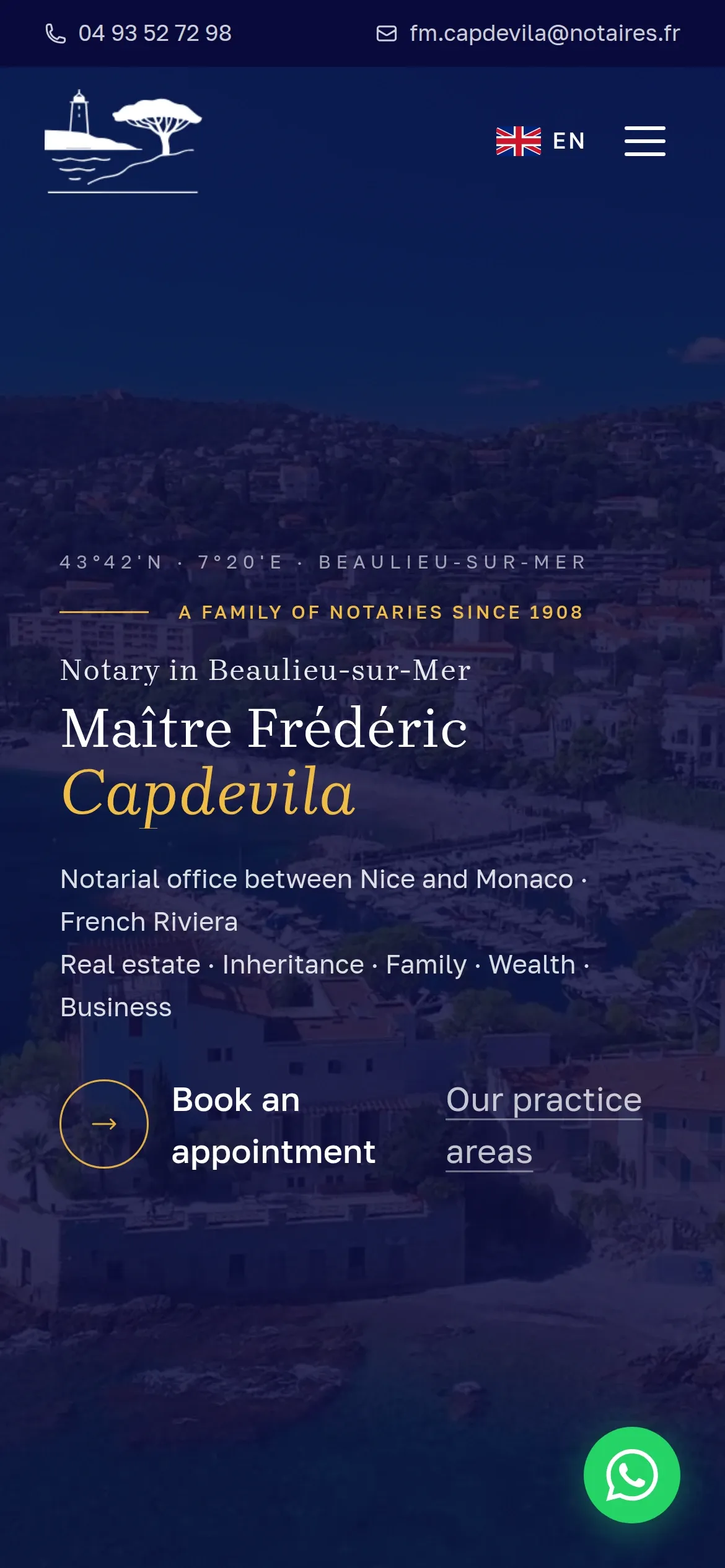 Page d’accueil du site de l’Office Notarial du Cap d’Or sur téléphone.
